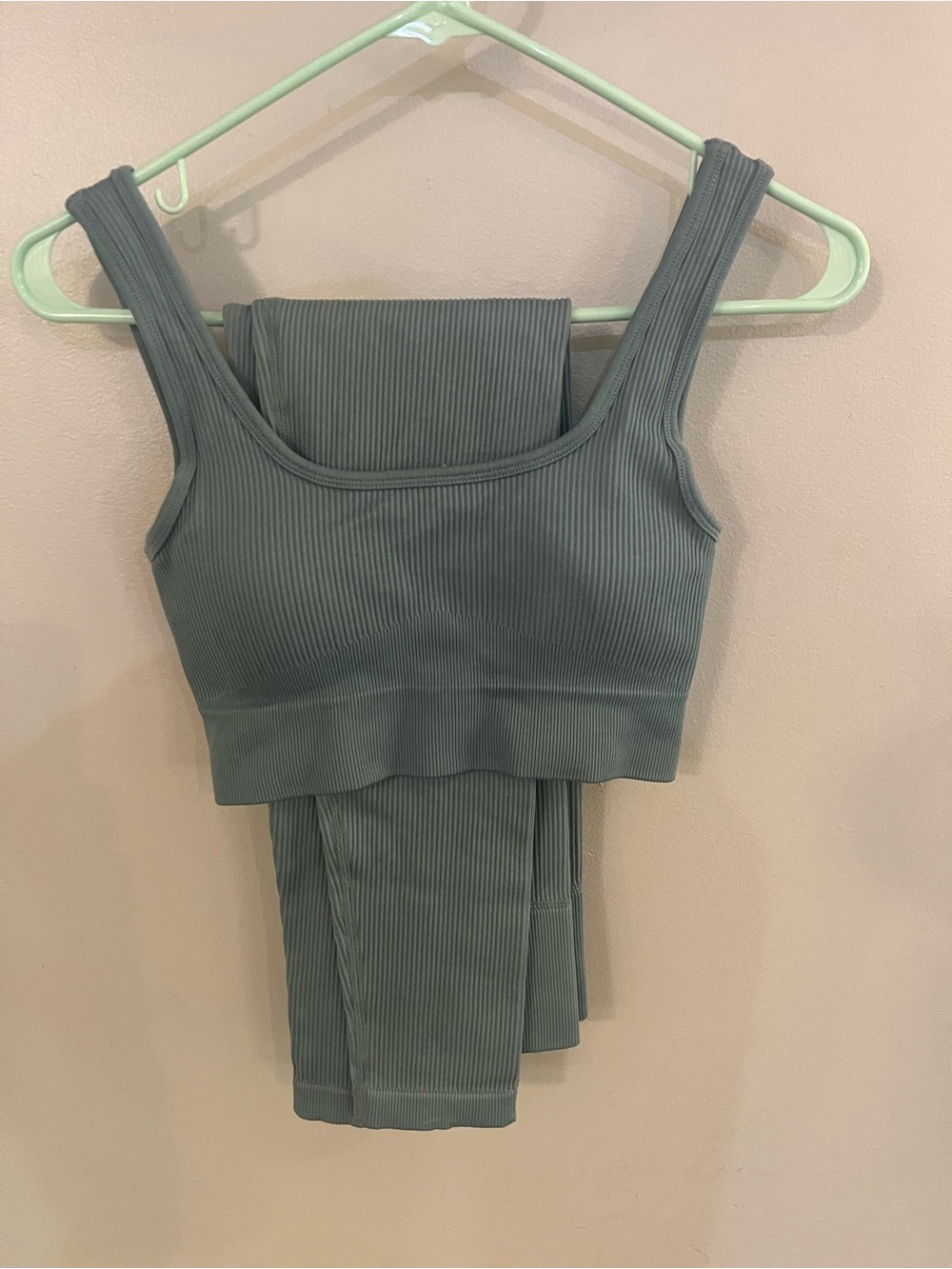 Ribbed Sports Bra and Leggings Set - Blue/Gray